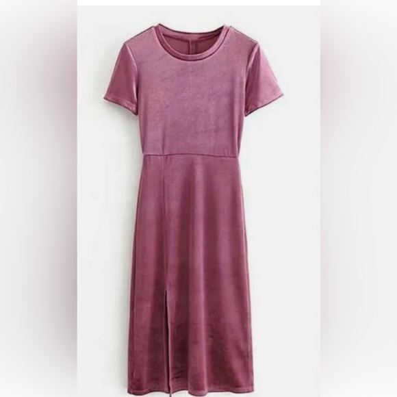 🔟 Zara Raspberry Velvet Bodycon Midi Dress Side Slit Large - Picture 2 of 11